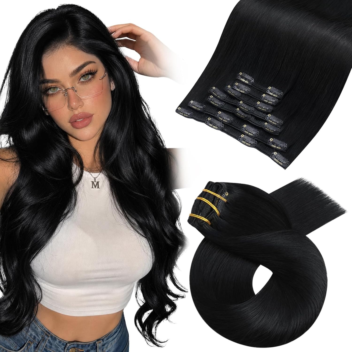 image:imageMoresoo Natural Black Blue Black Clip ins 24in and 26in 280g Bundle