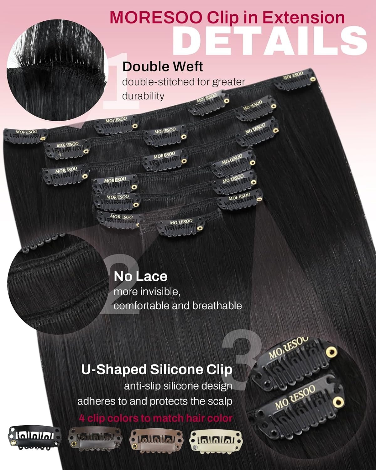 image:imageMoresoo Natural Black Clip ins 22in with Hair Extension Storage Bag Bundle