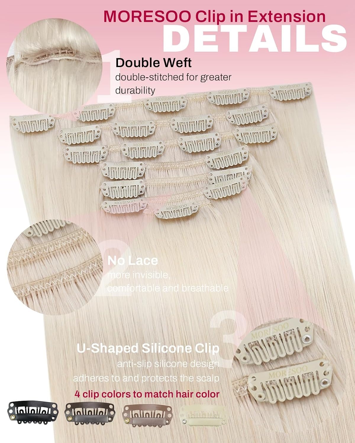 image:imageMoresoo Natural Black Platinum Blonde Clip ins 22in 240g Bundle