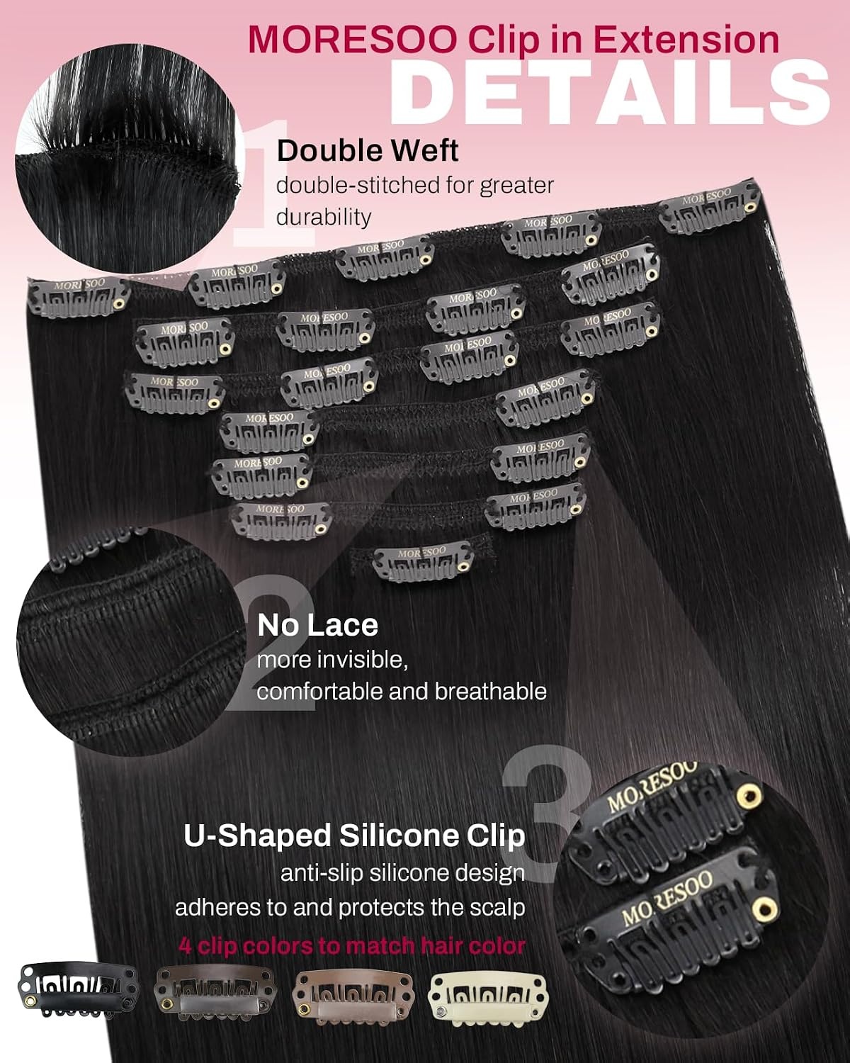 image:imageMoresoo Natural Black Silver Balayage Clip ins 22in and 20in 150g Bundle