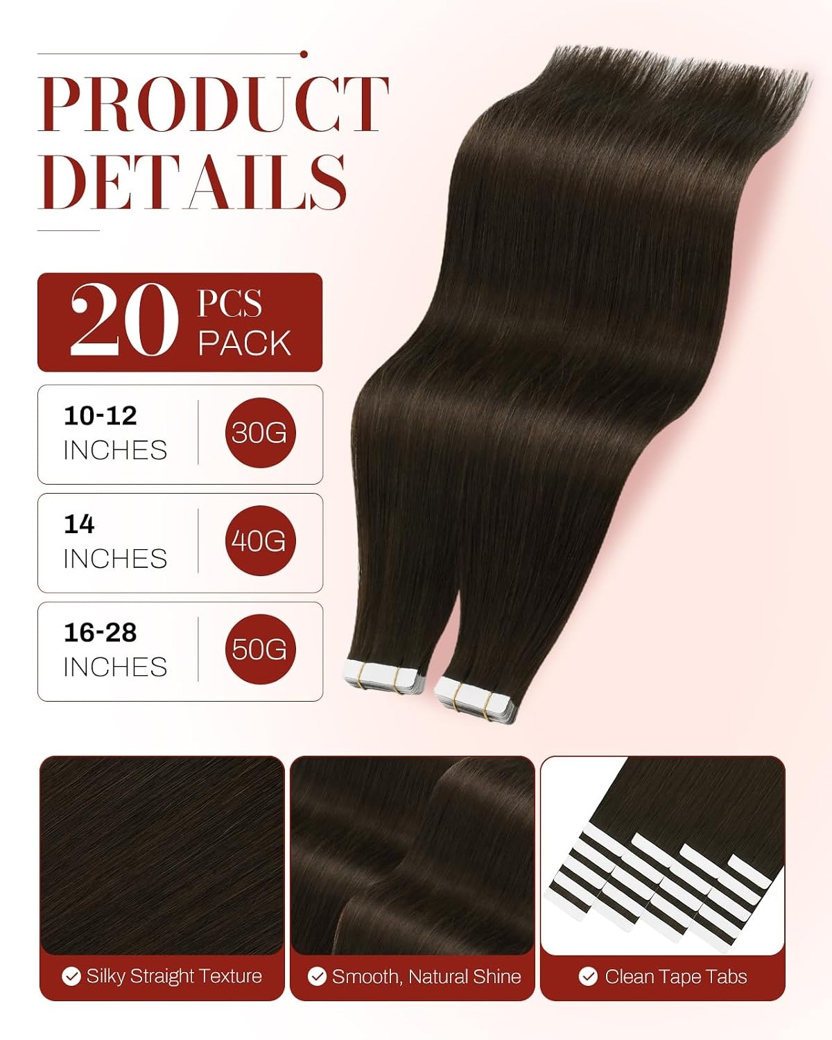 image:imageMoresoo Tape Ins Human Hair Extensions Dark Ash Brown 16in 20Pcs 50g