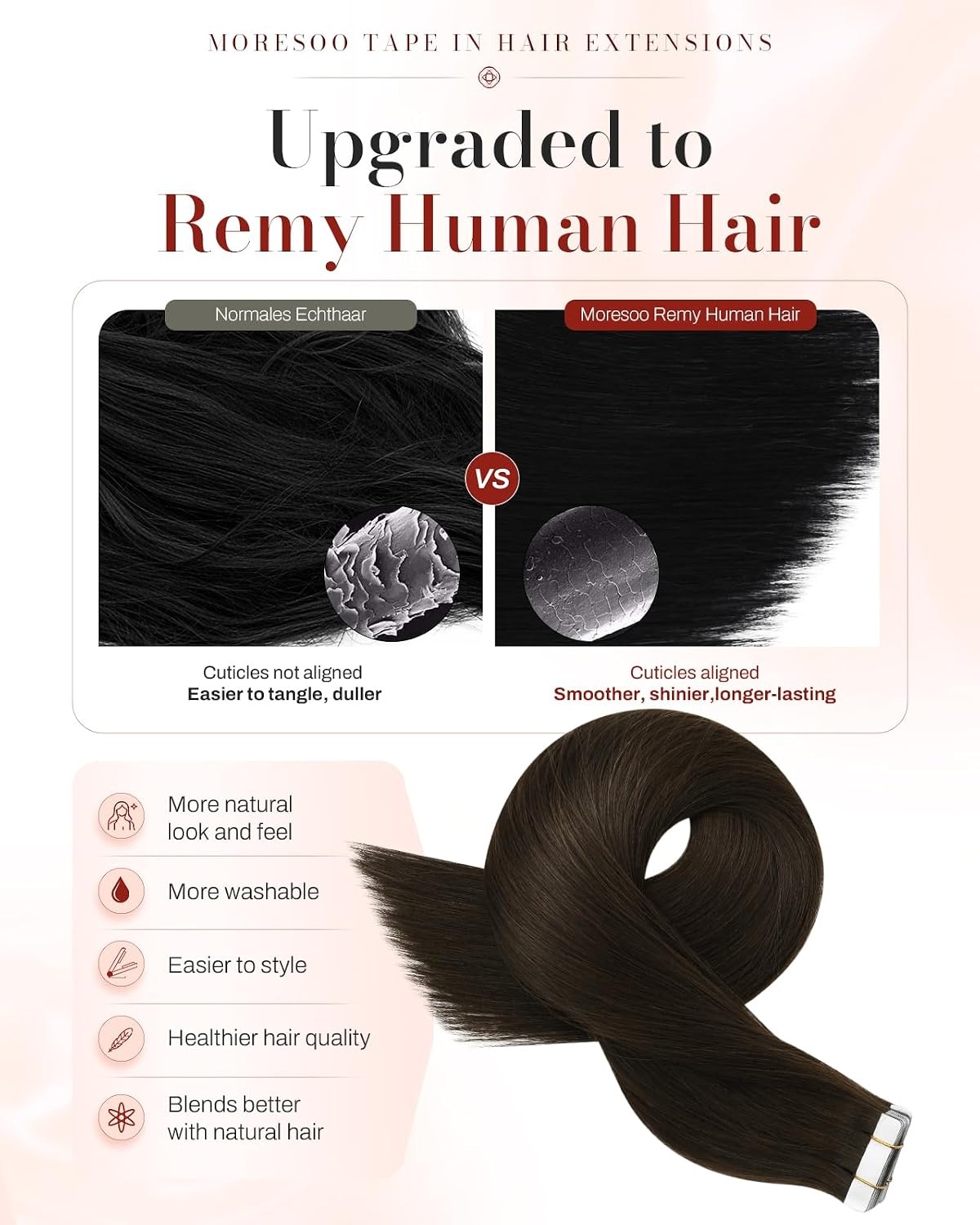 image:imageMoresoo Tape Ins Human Hair Extensions Dark Ash Brown 16in 20Pcs 50g