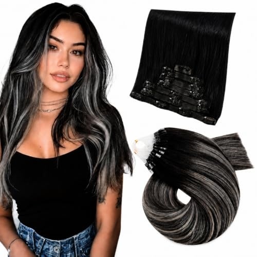 image:imageMoresoo 14 Inch Jet Black Clip in and Black Silver Micro Bead Hair Bundle
