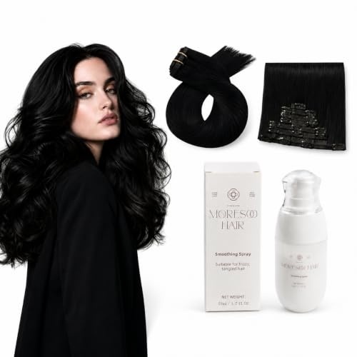 image:imageMoresoo Clip in Hair Extensions 14Inch Jet Black and Smoothing Spray Bundle
