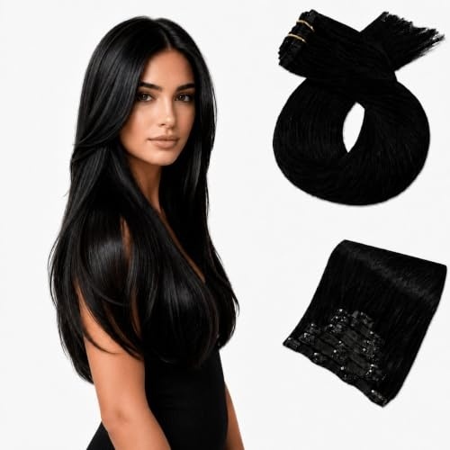 image:imageMoresoo Jet Black 14 Inch Clip in and Sew in Human Hair Extensions Bundle