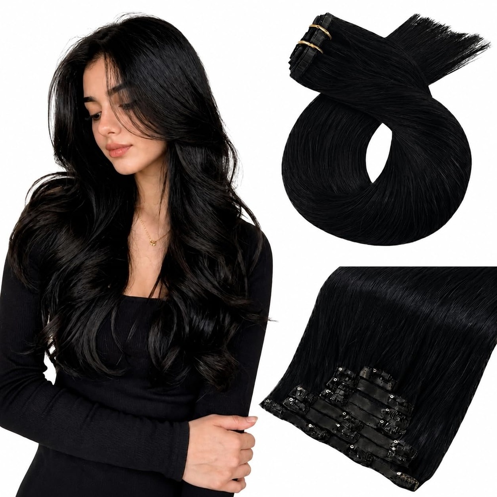 image:imageMoresoo Jet Black Clip in Hair Extensions Bundle 14 and 16 Inch Human Hair