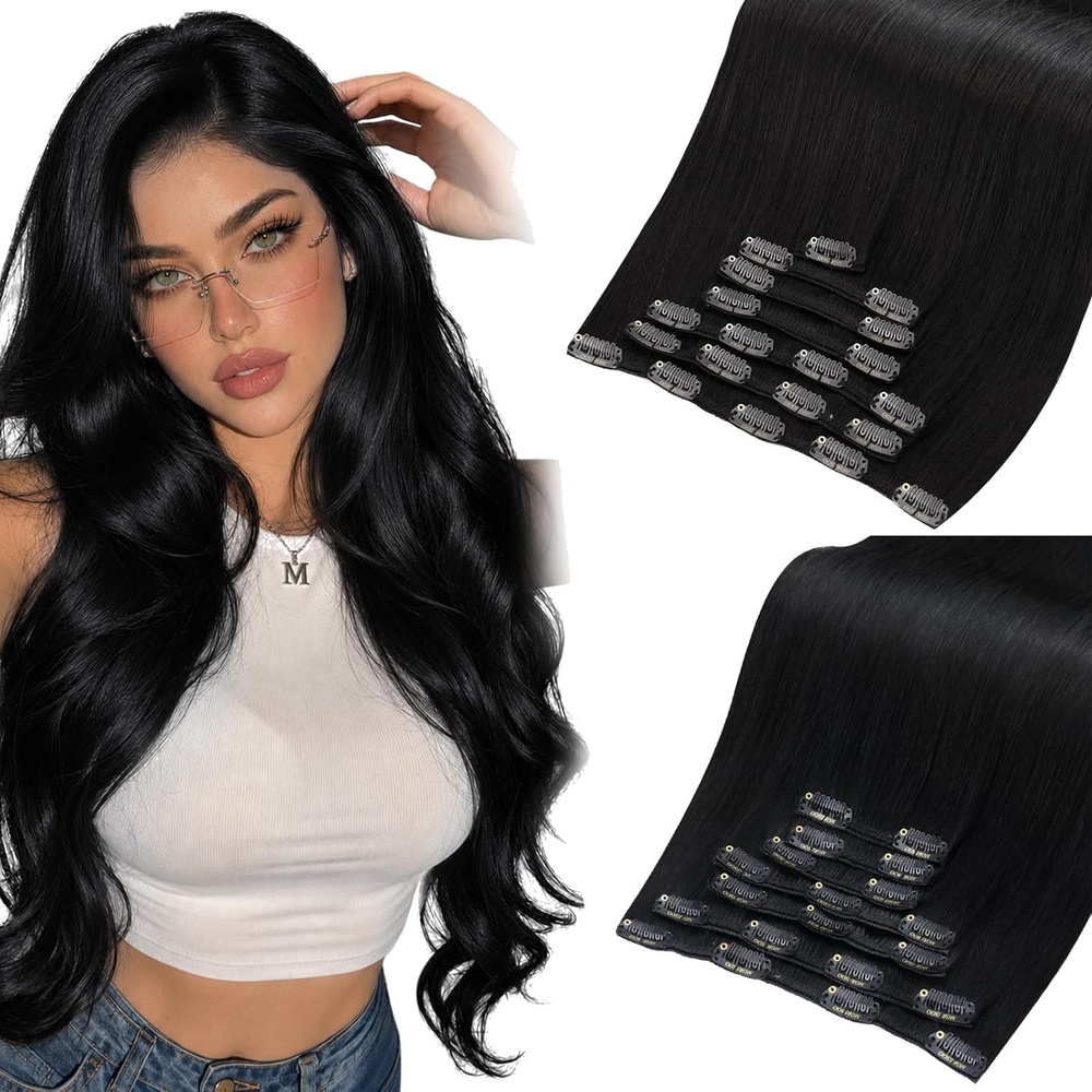 image:imageMoresoo Natural Black Blue Black Clip ins 24in and 26in 280g Bundle