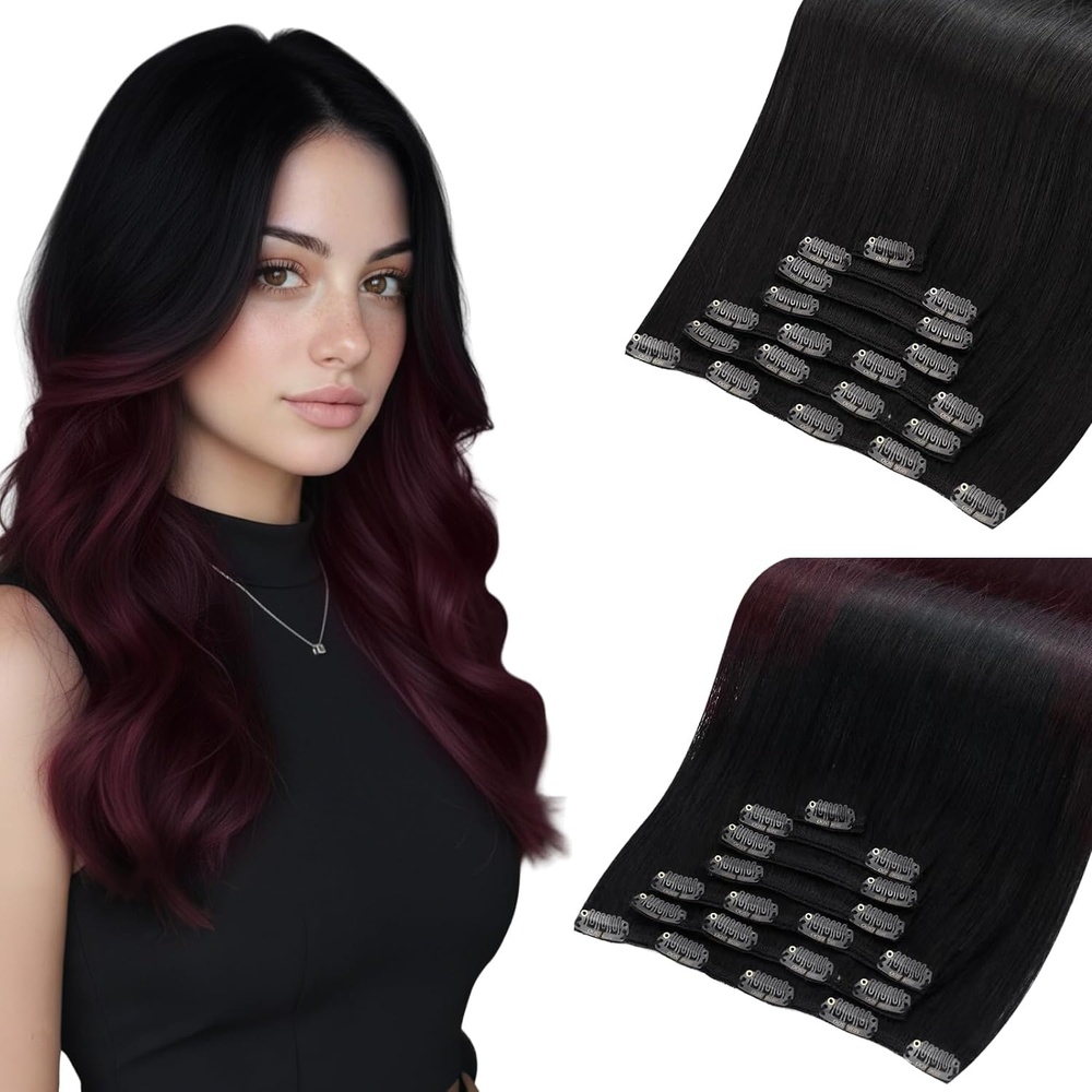 image:imageMoresoo Natural Black Burgundy Clip ins 22in 120g Bundle