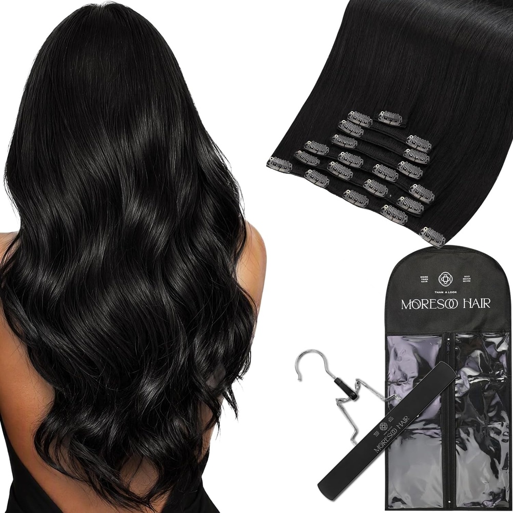 image:imageMoresoo Natural Black Clip ins 22in with Hair Extension Storage Bag Bundle