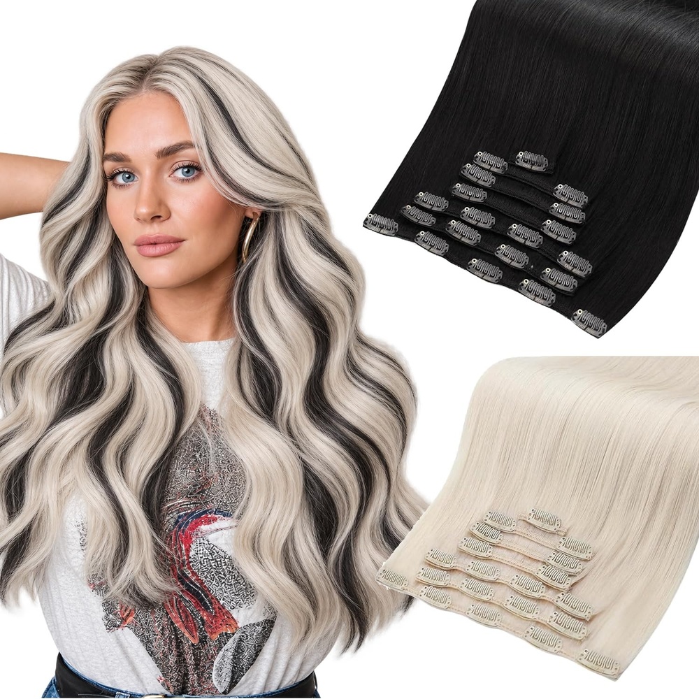 image:imageMoresoo Natural Black Platinum Blonde Clip ins 22in 240g Bundle