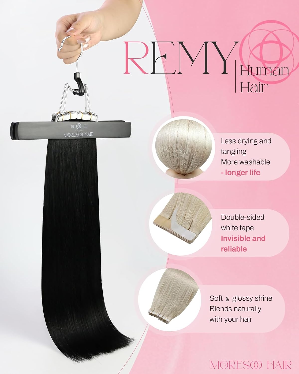 image:imageMoresoo 16 Inch Black Clip in and Tape in Human Hair Extensions Bundle