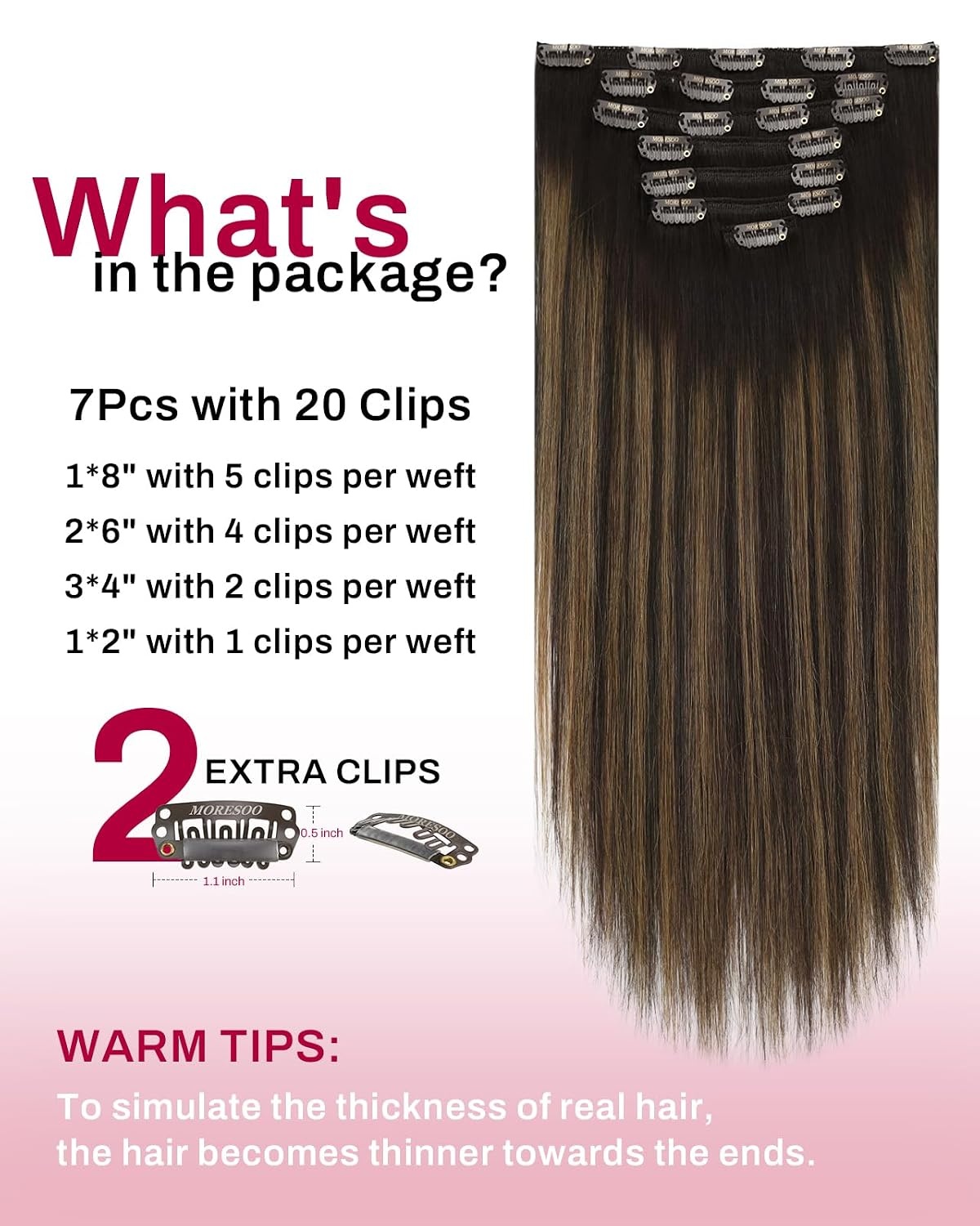 image:imageMoresoo Jet Black PU Weft and Brown Balayage Clip in Extensions Bundle