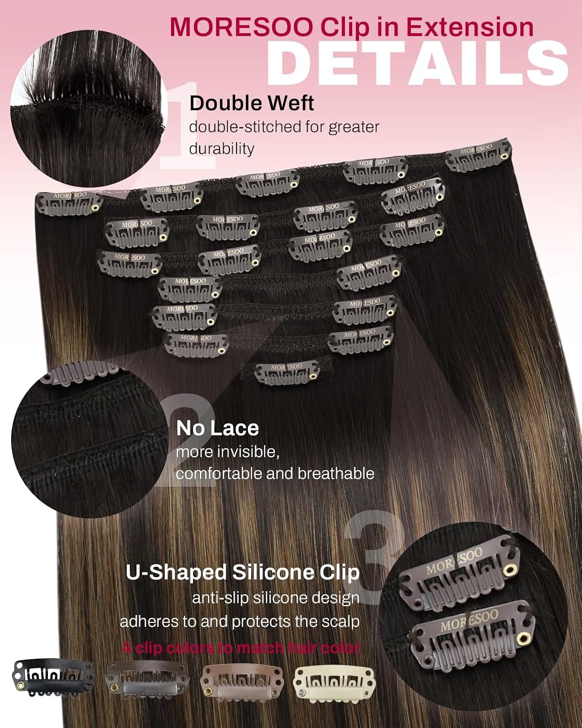 image:imageMoresoo Jet Black PU Weft and Brown Balayage Clip in Extensions Bundle