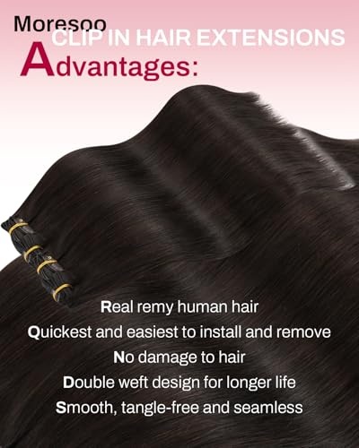 image:imageMoresoo Jet Black PU Weft and Dark Brown Clip in Extensions 20 Inch Bundle