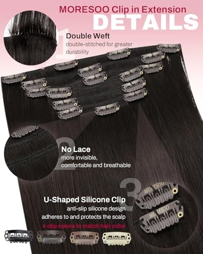 image:imageMoresoo Jet Black PU Weft and Dark Brown Clip in Extensions 20 Inch Bundle