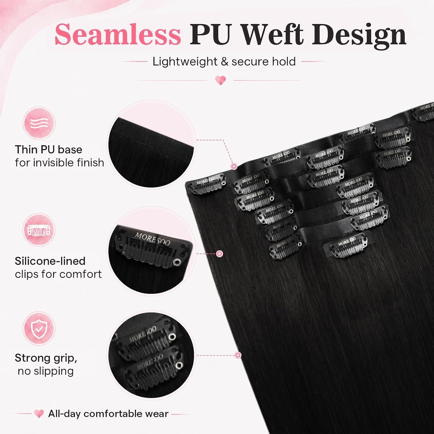 image:imageMoresoo Jet Black Seamless PU Weft Clip in Hair Extensions 18 and 20 Inch Bundle