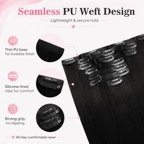image:imageMoresoo Jet Black seamless clip in hair extensions and Natural Black Clip in Hair Extensions 16 Inch Bundle