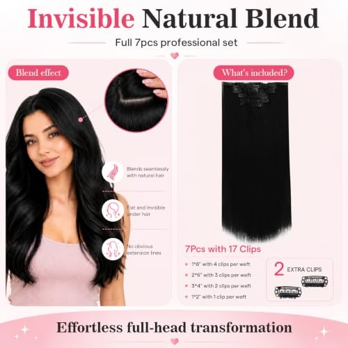 image:imageMoresoo Jet Black seamless clip in hair extensions and Natural Black Clip in Hair Extensions 16 Inch Bundle