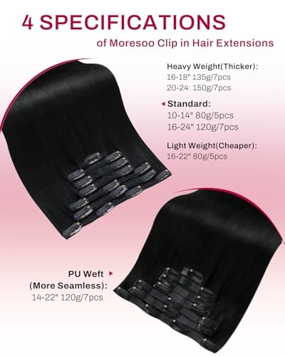 image:imageMoresoo Jet Black seamless clip in hair extensions and Natural Black Clip in Hair Extensions 16 Inch Bundle
