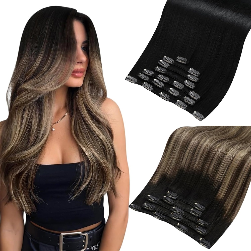 image:imageMoresoo 18in Human Hair Clip in Sets Jet Black and Balayage 14 Pieces