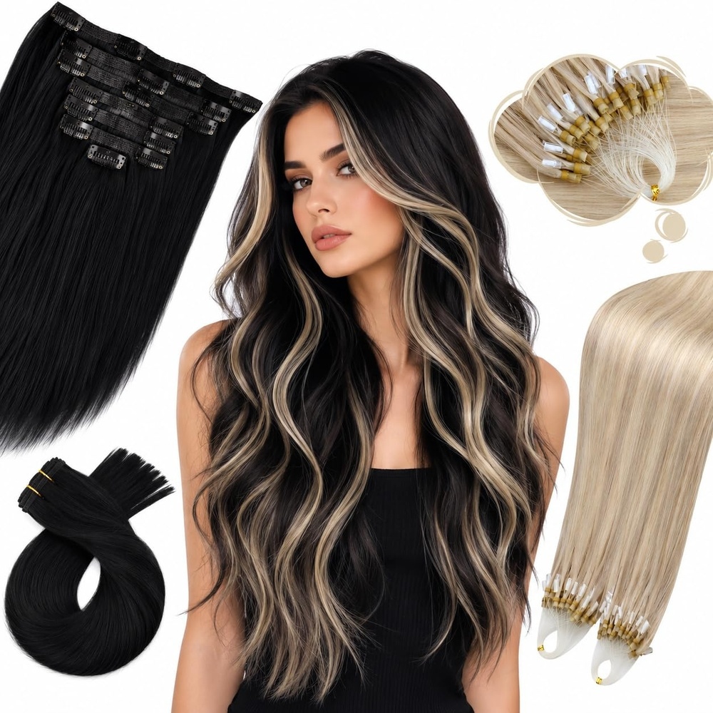 image:imageMoresoo Jet Black Clip in and Ash Blonde Micro Loop Hair Extensions Bundle