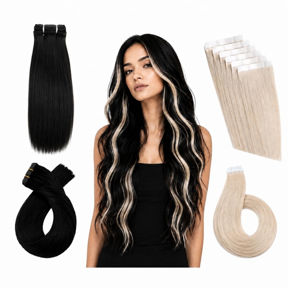 image:imageMoresoo Jet Black Clip in and Platinum Blonde Tape in Extensions Bundle