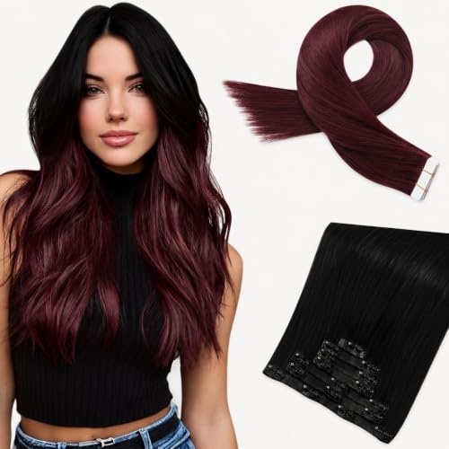 image:imageMoresoo Jet Black Clip in and Wine Red Tape in Hair Extensions Bundle