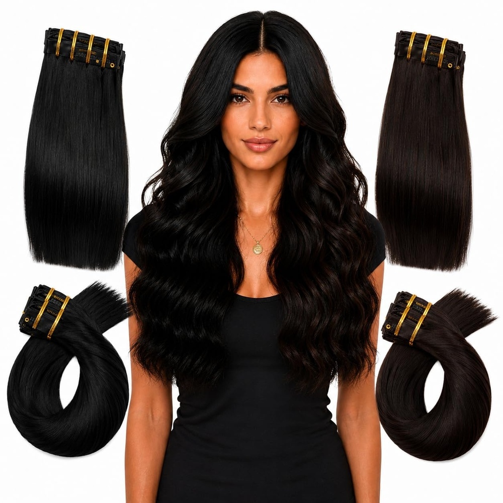 image:imageMoresoo Jet Black PU Weft and Dark Brown Clip in Extensions 20 Inch Bundle