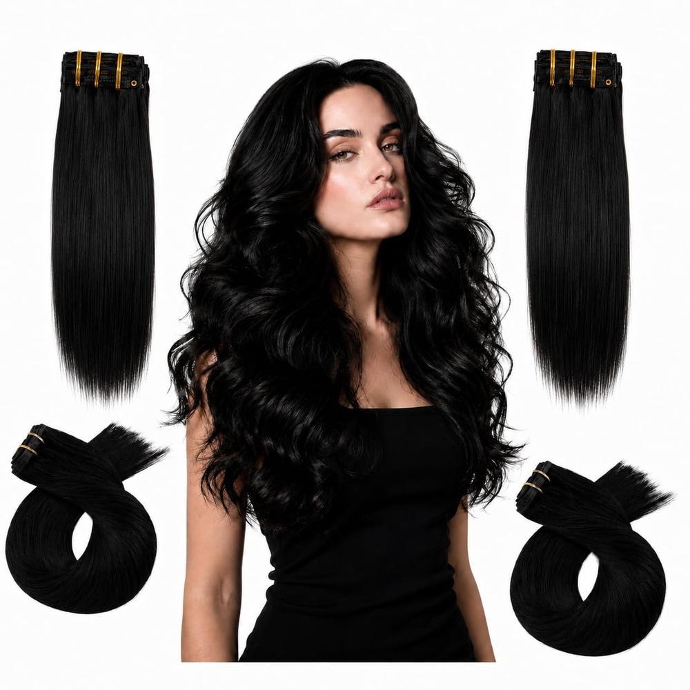 image:imageMoresoo Jet Black Seamless PU Weft Clip in Hair Extensions 18 and 20 Inch Bundle