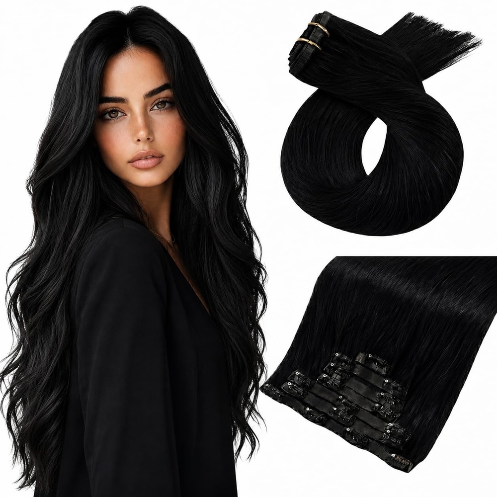 image:imageMoresoo Jet Black seamless clip in hair extensions and Natural Black Clip in Hair Extensions 16 Inch Bundle