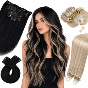 Moresoo Jet Black Clip in and Ash Blonde Micro Loop Hair Extensions Bundle